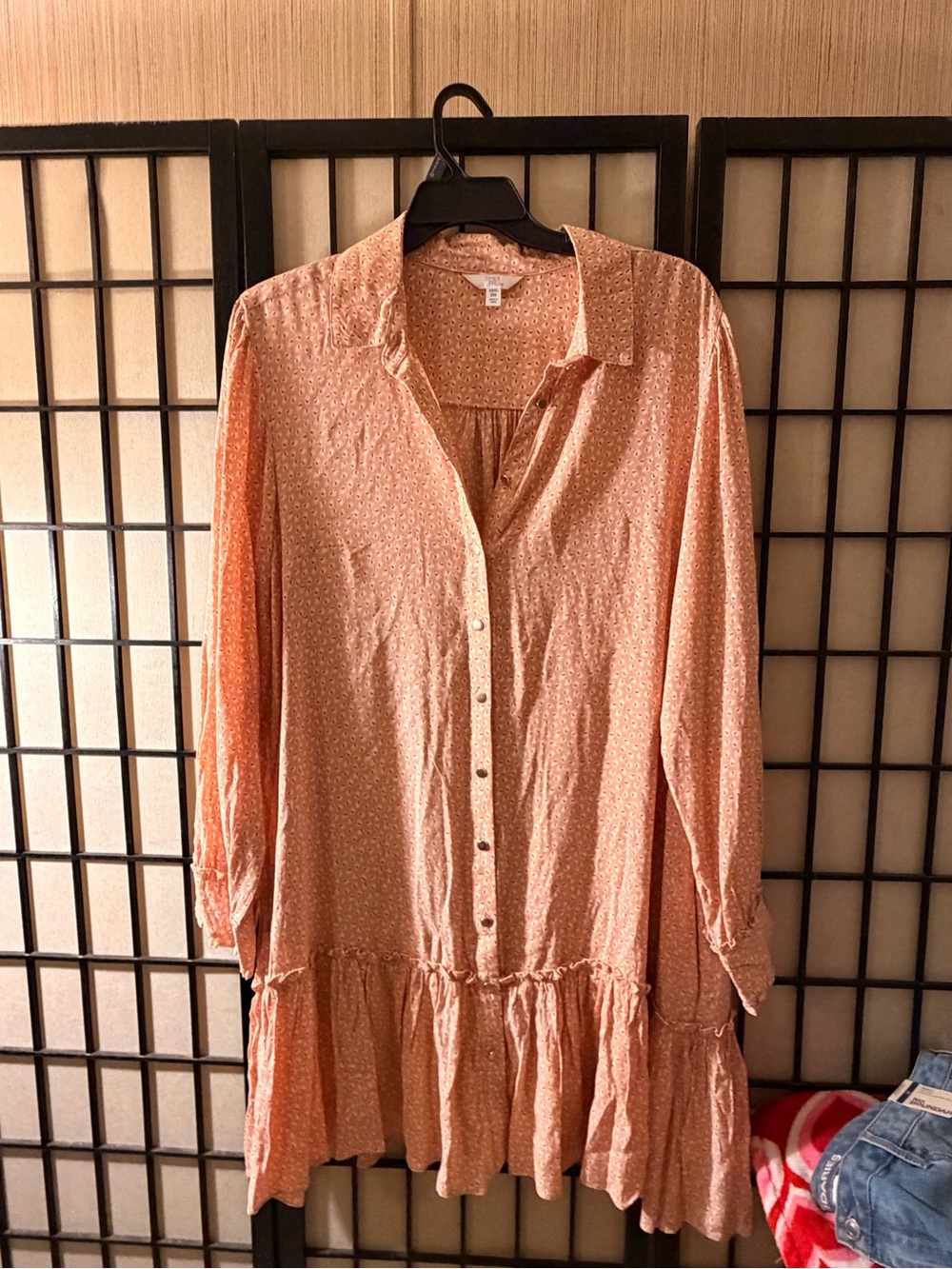 Time and Tru Peach Button-Front Tiered Long Sleeve Dress